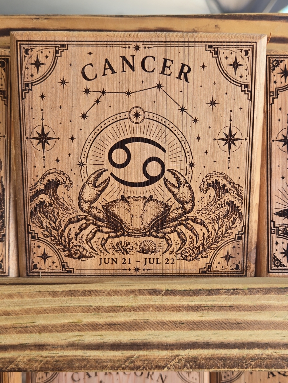 Cancer Zodiac Wood Plaque Coaster - Natural Wood Tones